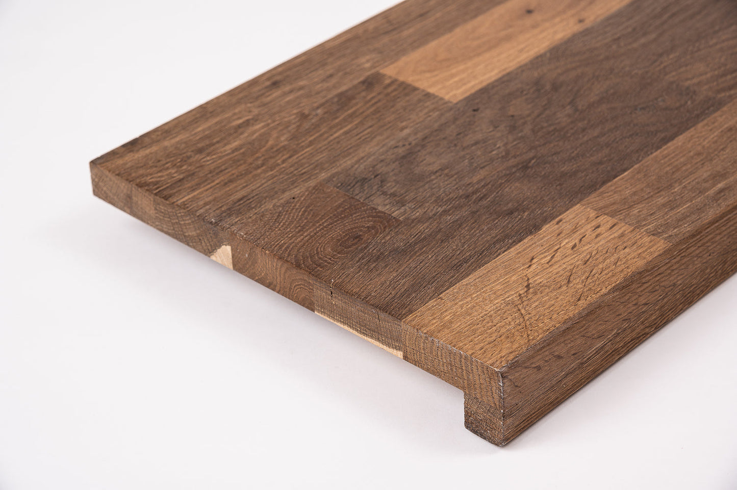 Stair tread Windowsill with overhang Smoked Oak Rustic, finger jointed lamellas, 20 mm, Hard wax oil Natural white