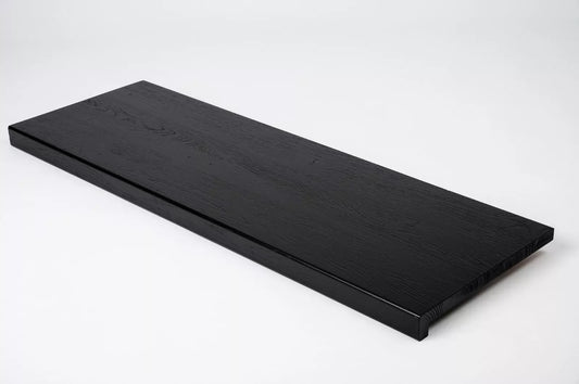 Stair tread Windowsill with overhang Oak Rustic, full stave lamellas, 20 mm, Brushed, Graphite black lacquered (RAL9011)