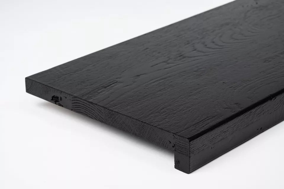 Stair tread Windowsill with overhang Oak Rustic, full stave lamellas, 20 mm, Brushed, Graphite black lacquered (RAL9011)