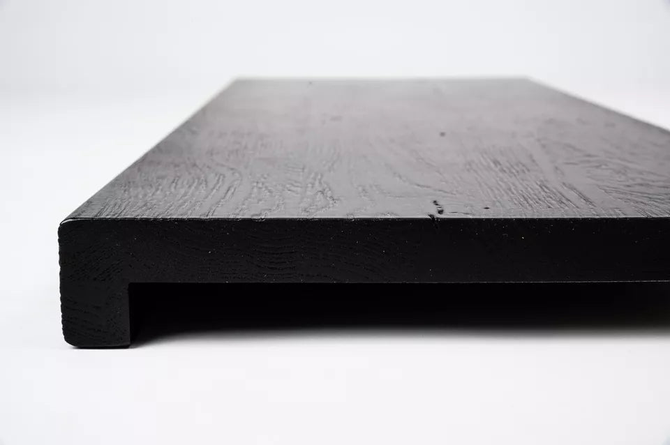 Stair tread Windowsill with overhang Oak Rustic, full stave lamellas, 20 mm, Brushed, Graphite black lacquered (RAL9011)