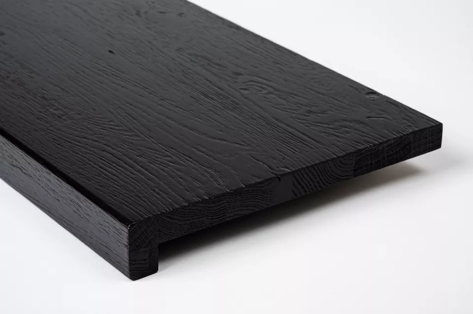 Stair tread Windowsill with overhang Oak Rustic, full stave lamellas, 20 mm, Brushed, Graphite black lacquered (RAL9011)